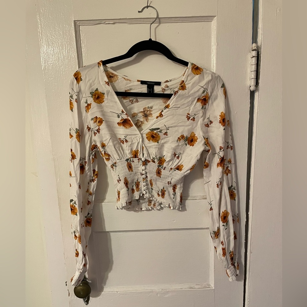White Floral Long Sleeve Top